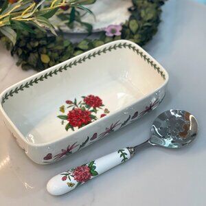 Botanical Garden Cranberry Dish with Slotted Spoon, 2-Piece Set-NEW